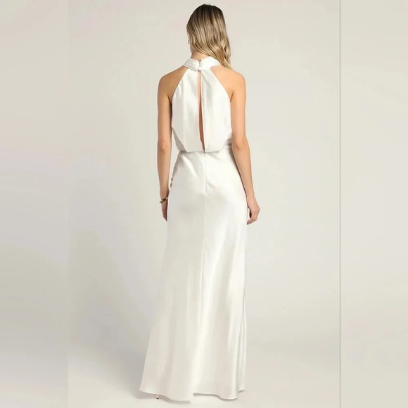 Lulu's Halter White Satin Halter Neck Twist-Front Maxi Dress Wedding Bridal - Picture 5 of 14